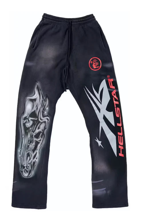 HS Airbrushed Skull Flare Bottom Sweatpants Midnight Dye Black